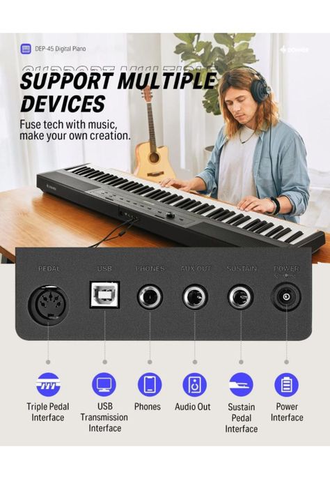Piano Digital 88 Teclas Semi-Contrapesadas  Dep-45 Donner-3