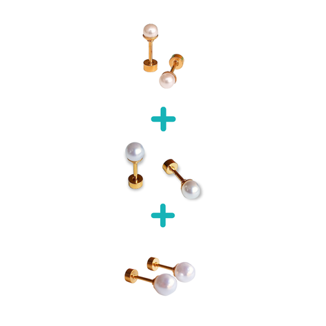 Pack De Aros Piercing Perlas Seguridad Chapadas En Oro 18k-0
