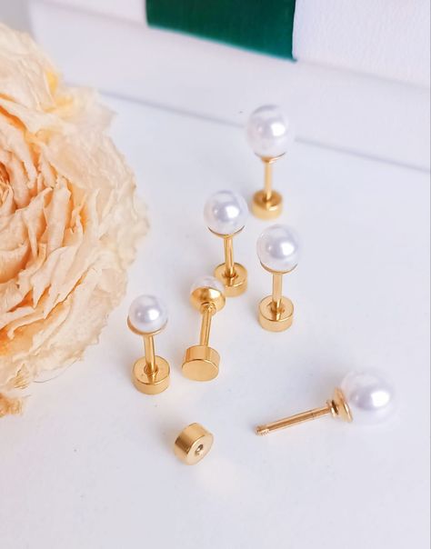 Pack De Aros Piercing Perlas Seguridad Chapadas En Oro 18k-3