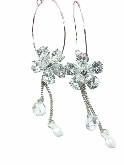 Aros Largos Flor Cristal Zirconia enchapado en Oro blanco Lagrima Brillo-0