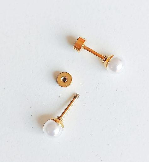 Aros Perlas 6mm tuerca tapa seguridad chapado oro 18kl-0