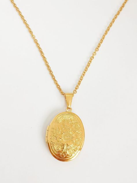 Colgante Ovalo relieve Flores Relicario chapado en oro 18kl-3