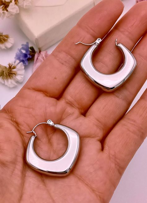 Argollas Chunky Hoop Rombo Plateadas Hipoalergenicas -5