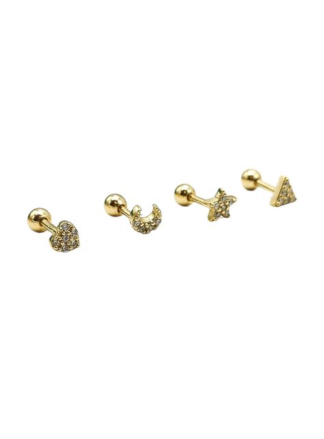 Pack 4 Aros Piercing Oreja Trendy Plata 925 Chapado En Oro-0