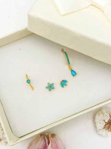 Set Conjunto huggies pendientes Turquesa chapados En Oro 18k-1