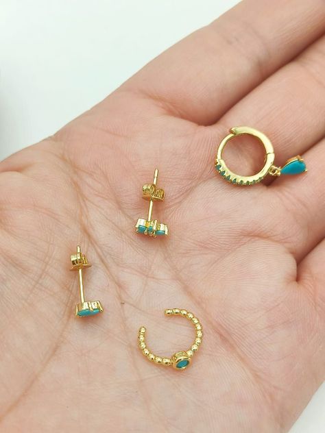 Set Conjunto huggies pendientes Turquesa chapados En Oro 18k-2