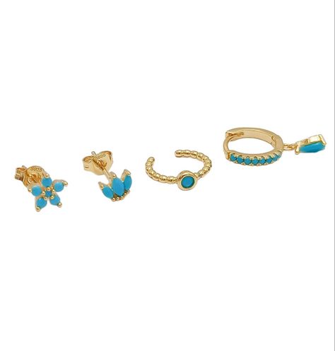 Set Conjunto huggies pendientes Turquesa chapados En Oro 18k-3