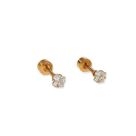 Aros Puntos De Luz Zirconio de 3mm Cuadrado Chapados en oro 18kl-0
