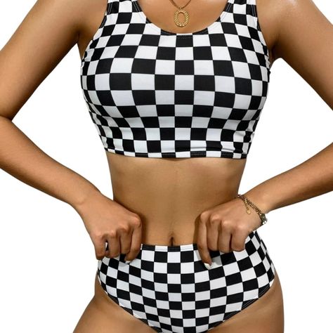 Conjunto de Bikini a Cuadros Cintura Alta-0