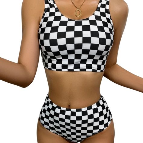 Conjunto de Bikini a Cuadros Cintura Alta-1