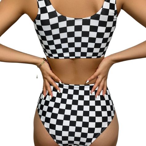 Conjunto de Bikini a Cuadros Cintura Alta-2