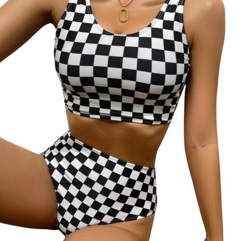 Conjunto de Bikini a Cuadros Cintura Alta-4