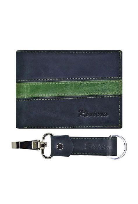 Pack Hombre  Billetera-Llavero, 100% Cuero Negro-Verde.-0