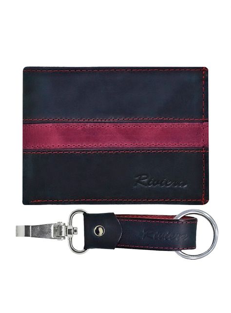 Pack Billetera-Llavero, 100% Cuero Negro-Rojo-0