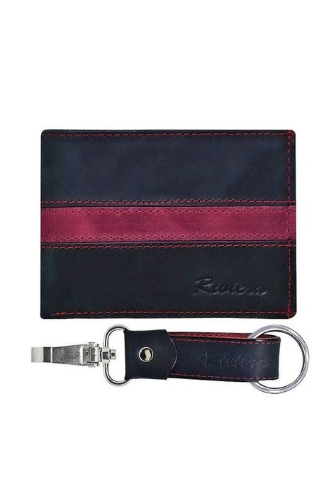 Pack Hombre Billetera-Llavero, 100% Cuero Negro-Rojo Riviera-0