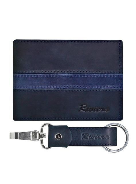 Pack Billetera-Llavero, 100% Cuero Negro-Azul.-0