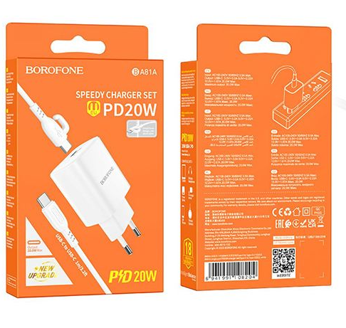 Cargador Borofone BA81A Type-C a Type-C 20W Color Blanco 3.2a-3