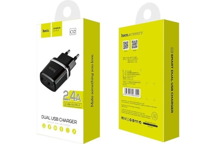Cargador Hoco dual 2.4 USB C12 negro-2
