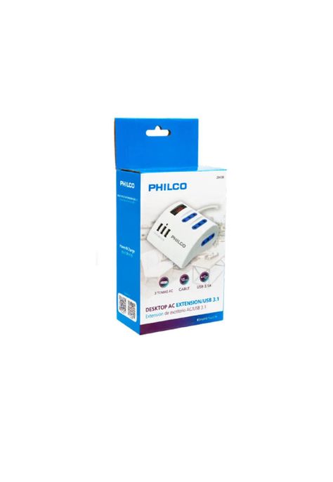 Alargador Zapatilla Con Switch 3 Usb Philco 1,5M Blanco-1