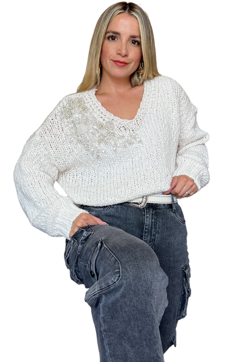 Chaleco sweater mujer escote V con aplicaciones calidad premium-0