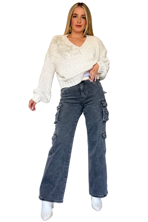 Chaleco sweater mujer escote V con aplicaciones calidad premium-1
