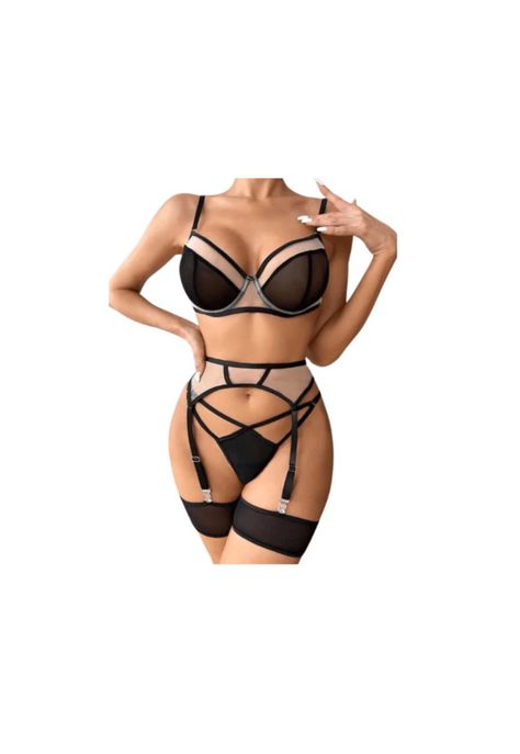 Conjunto de lencería Sexy brasier bragas liguero Erótico-0