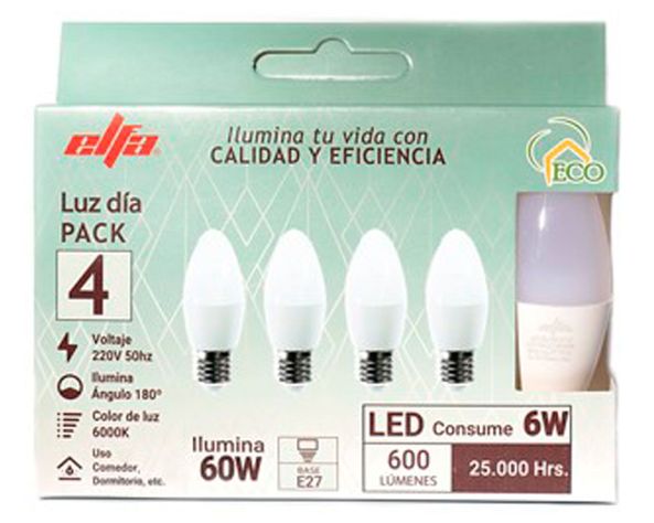 Pack 4 ampolletas Led Vela E27 Día 6 W-1