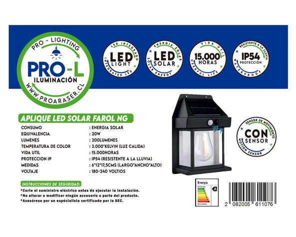 Aplique LED solar 1L Farol negro-1