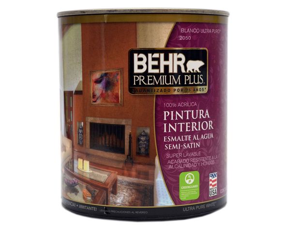 Esmalte al agua interior Semi-Satinado blanco Behr Premium Plus 1/4 Galón (litro)-0