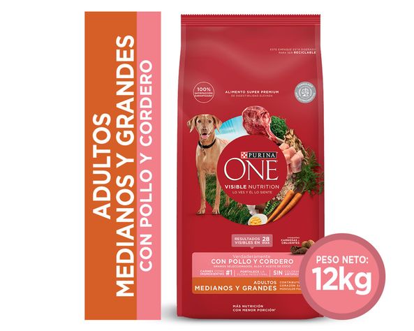 Alimento perro adulto 12 kg mediano/grande pollo y cordero Purina One.-0