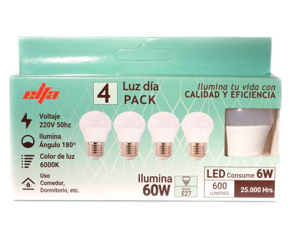 Pack 4 ampolletas Led G45 E27 Día 6 W-1
