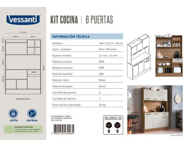 Kit Cocina 6 puertas 1 cajón miel/off white-6