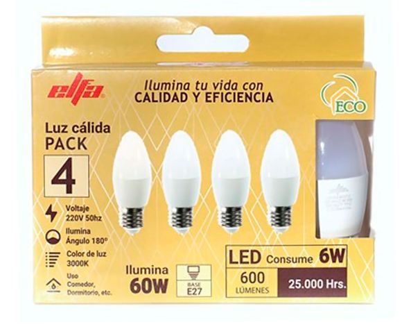 Pack 4 ampolletas Led Vela E27 Cálida 6 W-1