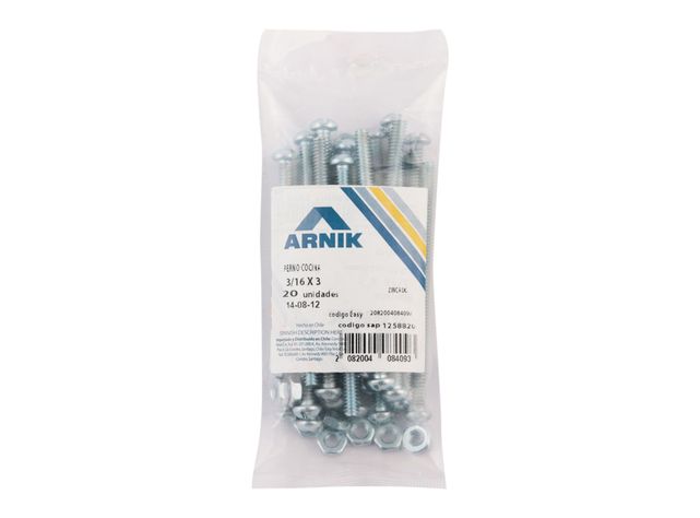 Perno cocina con tuerca 3/16x3'' zincado 20 unidades Arnik-1