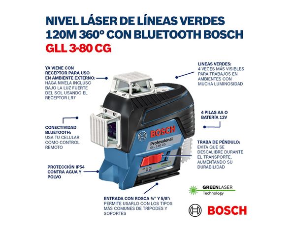 Nivel láser líneas verdes 120 m 360° Bluetooth GLL 3-80 CG-3