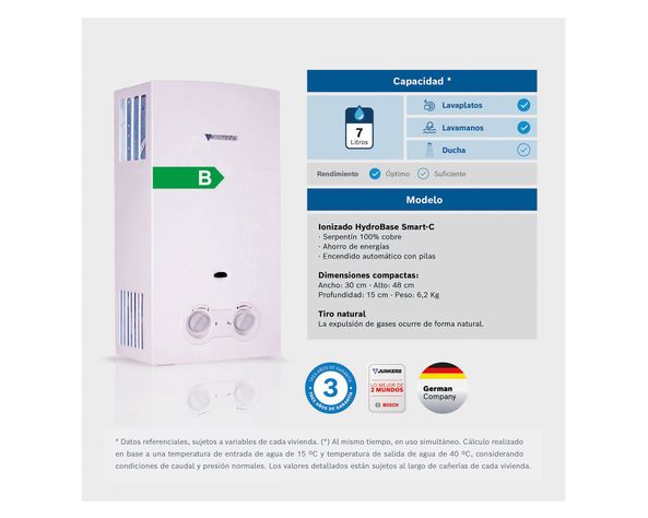 Calefont ionizado tiro natural 7 lt gas licuado W7B ND Junkers-3