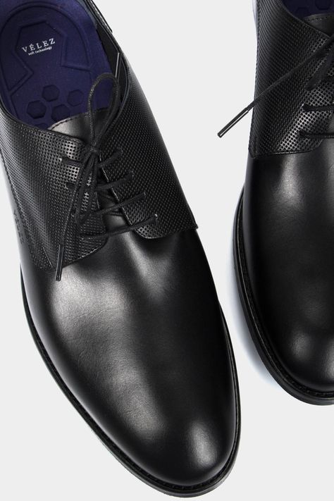 Vélez Zapatos Cordón Formal De Cuero Para Hombre Liso Negro-3