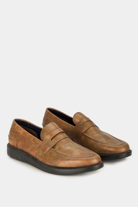 Vélez Mocasín Lugano De Cuero  Hombre Efecto Artesanal Cafe-1