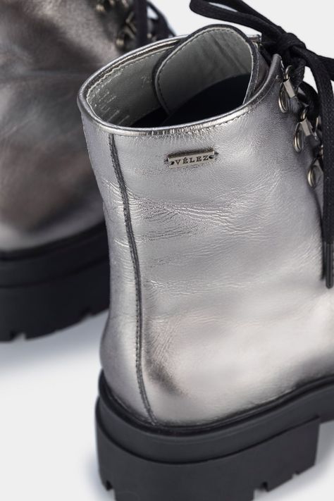 Vélez Botines Ascona De Cuero  Mujer Suela Tractorada Plata-5