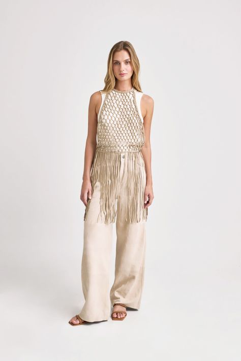 Vélez Chaleco  En Tejido Macramé Para Mujer Flecos Beige-0
