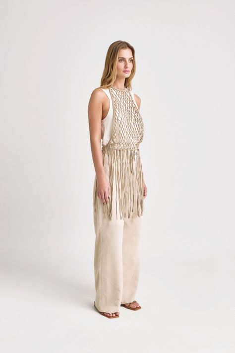 Vélez Chaleco  En Tejido Macramé Para Mujer Flecos Beige-2