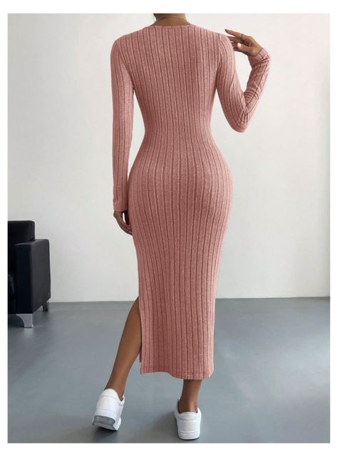 Vestido Ajustado Largo Tejido Canalé Cuello V-5