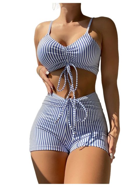Conjunto De Bikini A Rayas Con Short Tirantes Finos-0