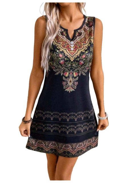 Vestido De Mujer Negro Vintage Estampado Bohemio-0