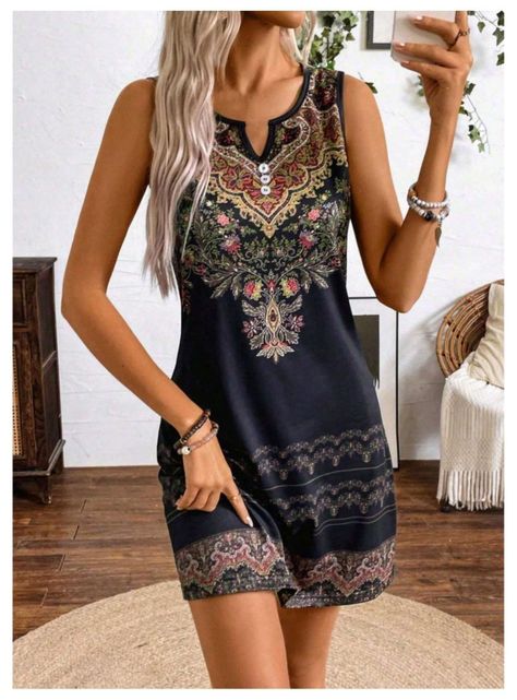 Vestido De Mujer Negro Vintage Estampado Bohemio-1
