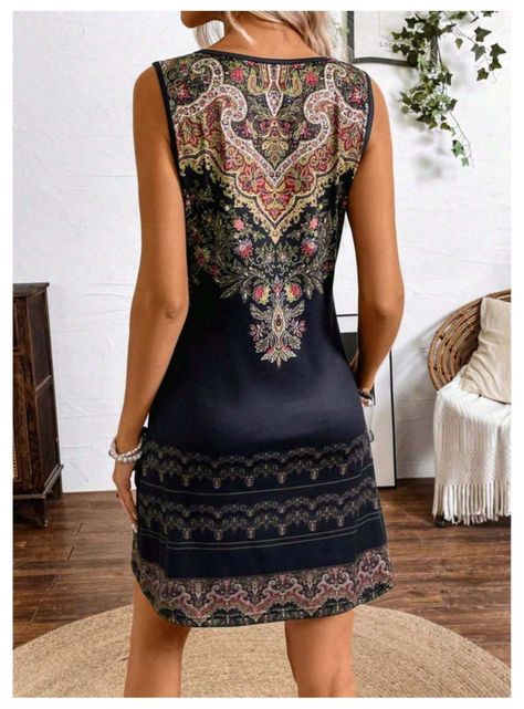 Vestido De Mujer Negro Vintage Estampado Bohemio-2