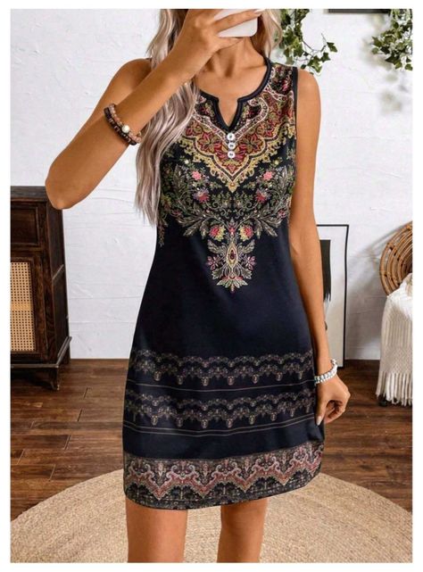 Vestido De Mujer Negro Vintage Estampado Bohemio-3