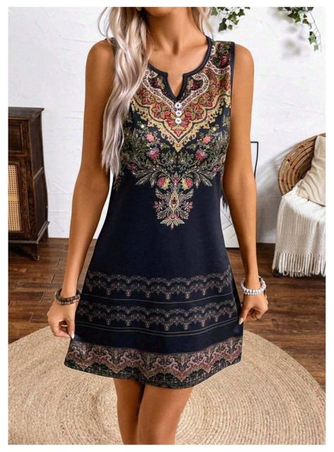 Vestido De Mujer Negro Vintage Estampado Bohemio-4
