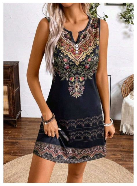 Vestido De Mujer Negro Vintage Estampado Bohemio-5