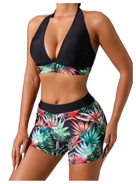 Conjunto De Bikini Traje De Baño Mujer Tropical Negro Europeo-0